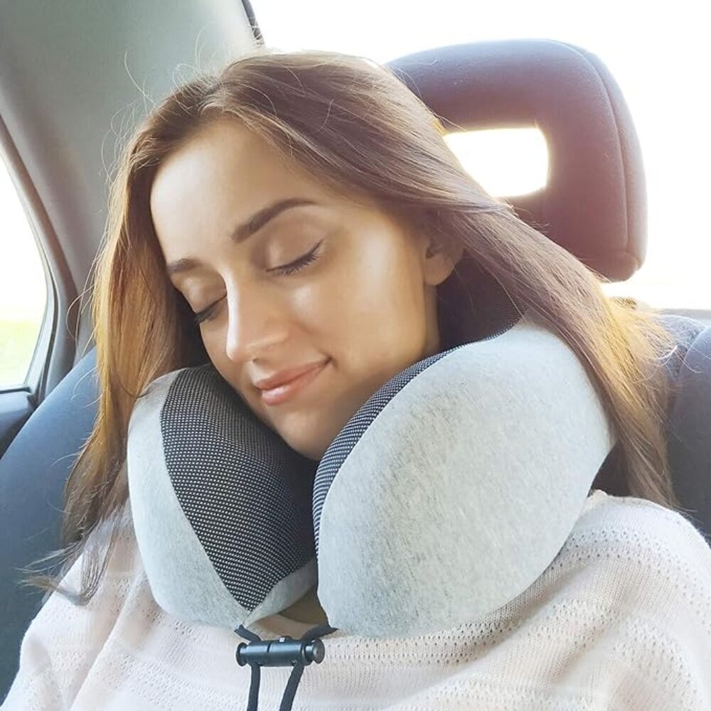 NAP FUN Gray travel memory foam neck pillow with pouch
